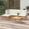 5 Piece Patio Lounge Set with Cream White Cushions Bamboo