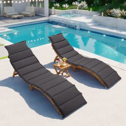 TOPMAX Outdoor Patio Wood Portable Extended Chaise Lounge Set with Foldable Tea Table for Balcony; Poolside; Garden; Brown Finish+Dark Gray Cushion