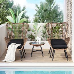 TOPMAX Outdoor Patio 5-Piece Rattan Conversation Set; PE Wicker Arm Chairs with Stools and Tempered Glass Tea Table for Balcony; Natural Rattan+Dark G