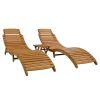 TOPMAX Outdoor Patio Wood Portable Extended Chaise Lounge Set with Foldable Tea Table for Balcony; Poolside; Garden; Brown