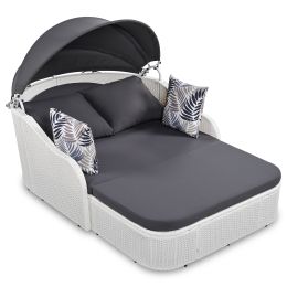 79.9" Outdoor Sunbed with Adjustable Canopy; Double lounge; PE Rattan Daybed; White Wicker; Gray Cushion (Color: White+gray)