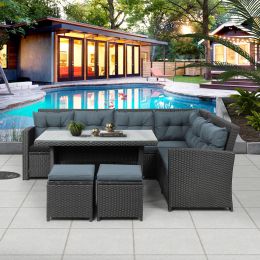 6-Piece Patio Furniture Set Outdoor Sectional Sofa with Glass Table, Ottomans for Pool, Backyard, Lawn (Color: BLACK)