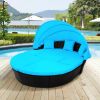 Outdoor rattan daybed sunbed with Retractable Canopy Wicker Furniture, Round Outdoor Sectional Sofa Set, black Wicker Furniture Clamshell Seating with