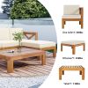 Outdoor Backyard Patio Wood 5-Piece Sectional Sofa Seating Group Set with Cushions; Natural Finish+ Beige Cushions